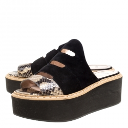 Pre Owned Fendi Black Suede And Python Leather Flowerland Runway Platform Slides Size 38