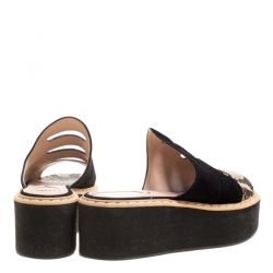 Pre Owned Fendi Black Suede And Python Leather Flowerland Runway Platform Slides Size 38