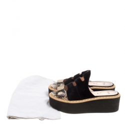 Pre Owned Fendi Black Suede And Python Leather Flowerland Runway Platform Slides Size 38