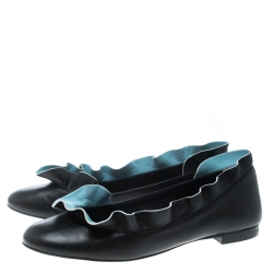 Pre Owned Fendi Black Leather Ruffle Trim Ballet Flats Size 37.5