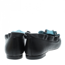Pre Owned Fendi Black Leather Ruffle Trim Ballet Flats Size 37.5