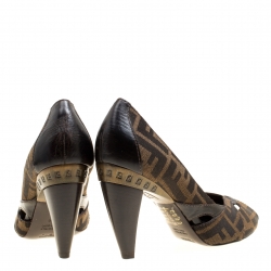 Pre Owned Fendi Tobacco Zucca Canvas Peep Toe Pumps Size 36