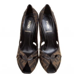 Pre Owned Fendi Tobacco Zucca Canvas Peep Toe Pumps Size 36