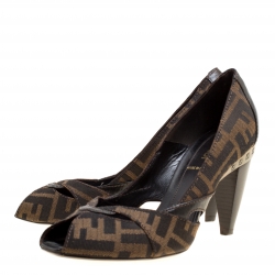 Pre Owned Fendi Tobacco Zucca Canvas Peep Toe Pumps Size 36