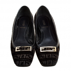 Pre Owned Fendi Black Zucca Velvet and Patent Leather Square Toe Ballet Flats Size 37