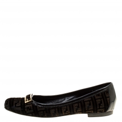Pre Owned Fendi Black Zucca Velvet and Patent Leather Square Toe Ballet Flats Size 37