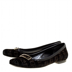Pre Owned Fendi Black Zucca Velvet and Patent Leather Square Toe Ballet Flats Size 37