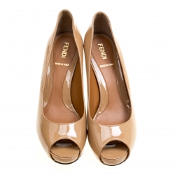 Pre Owned Fendi Nude Patent Leather Zucchino Heel Peep Toe Platform Pumps Size 36