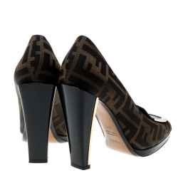 Pre Owned Fendi Tobacco/Black Zucca Canvas and Patent Leather Pumps Size 36.5