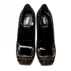 Pre Owned Fendi Tobacco/Black Zucca Canvas and Patent Leather Pumps Size 36.5