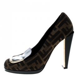 Pre Owned Fendi Tobacco/Black Zucca Canvas and Patent Leather Pumps Size 36.5