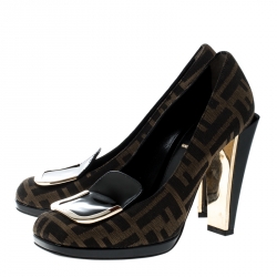 Pre Owned Fendi Tobacco/Black Zucca Canvas and Patent Leather Pumps Size 36.5
