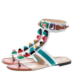 Pre Owned Fendi Multicolor Leather Studded Ankle Cuff Flat Sandals Size 36