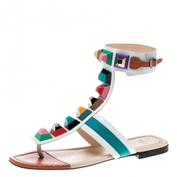Pre Owned Fendi Multicolor Leather Studded Ankle Cuff Flat Sandals Size 36