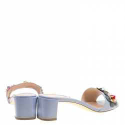 Fendi Powder Blue Patent Leather Flowerland Embellished Block Heel Slides Size 39