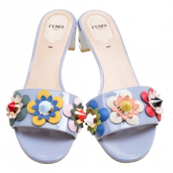 Fendi Powder Blue Patent Leather Flowerland Embellished Block Heel Slides Size 39