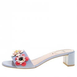 Fendi Powder Blue Patent Leather Flowerland Embellished Block Heel Slides Size 39