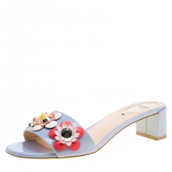 Fendi Powder Blue Patent Leather Flowerland Embellished Block Heel Slides Size 39