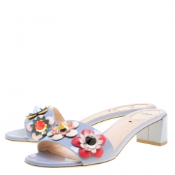Fendi Powder Blue Patent Leather Flowerland Embellished Block Heel Slides Size 39