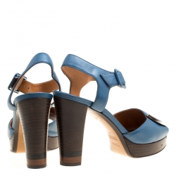 Pre Owned Fendi Blue Leather Ankle Strap Platform Sandals Size 38