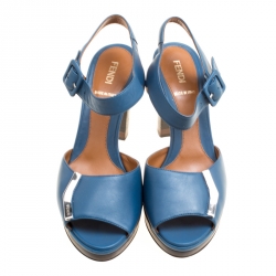Pre Owned Fendi Blue Leather Ankle Strap Platform Sandals Size 38