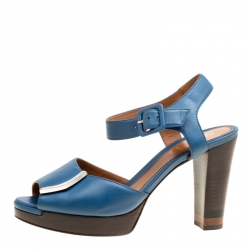 Pre Owned Fendi Blue Leather Ankle Strap Platform Sandals Size 38