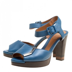 Pre Owned Fendi Blue Leather Ankle Strap Platform Sandals Size 38