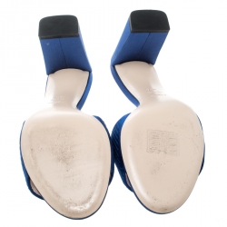 Pre Owned Fendi Blue Satin Logo Embroidered Block Heel Slide Mules Size 39.5