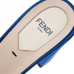 Pre Owned Fendi Blue Satin Logo Embroidered Block Heel Slide Mules Size 39.5