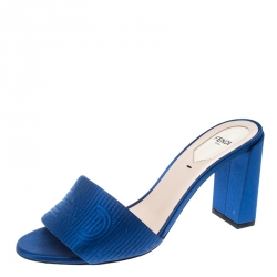 Pre Owned Fendi Blue Satin Logo Embroidered Block Heel Slide Mules Size 39.5