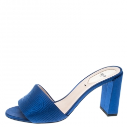 Pre Owned Fendi Blue Satin Logo Embroidered Block Heel Slide Mules Size 39.5