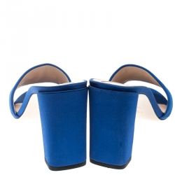 Pre Owned Fendi Blue Satin Logo Embroidered Block Heel Slide Mules Size 39.5