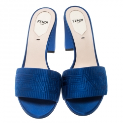 Pre Owned Fendi Blue Satin Logo Embroidered Block Heel Slide Mules Size 39.5