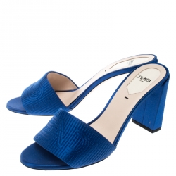 Pre Owned Fendi Blue Satin Logo Embroidered Block Heel Slide Mules Size 39.5