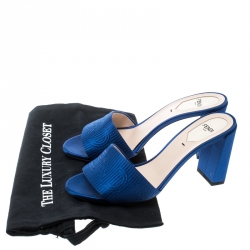 Pre Owned Fendi Blue Satin Logo Embroidered Block Heel Slide Mules Size 39.5