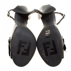 Fendi Black Patent Leather With Embossed Lizard Leather Appliqued Flower Peep Toe Ankle Strap Sandals Size 38.5