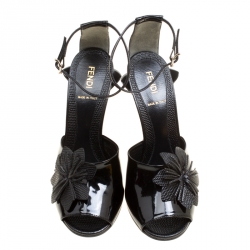 Fendi Black Patent Leather With Embossed Lizard Leather Appliqued Flower Peep Toe Ankle Strap Sandals Size 38.5