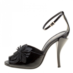 Fendi Black Patent Leather With Embossed Lizard Leather Appliqued Flower Peep Toe Ankle Strap Sandals Size 38.5