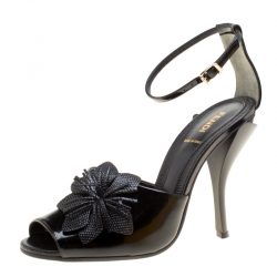 Fendi Black Patent Leather With Embossed Lizard Leather Appliqued Flower Peep Toe Ankle Strap Sandals Size 38.5