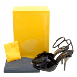 Fendi Black Patent Leather With Embossed Lizard Leather Appliqued Flower Peep Toe Ankle Strap Sandals Size 38.5
