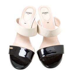 Pre Owned Fendi Cream/Black Patent Leather Wedge Slides Size 38