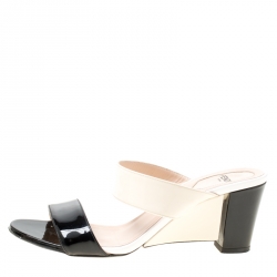 Pre Owned Fendi Cream/Black Patent Leather Wedge Slides Size 38