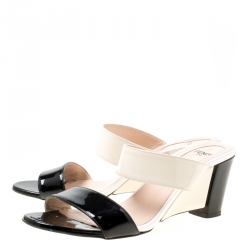 Pre Owned Fendi Cream/Black Patent Leather Wedge Slides Size 38