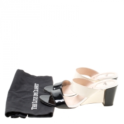 Pre Owned Fendi Cream/Black Patent Leather Wedge Slides Size 38