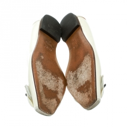 Pre Owned Fendi White Patent Leather Buckle Detail Square Peep Toe Ballet Flats Size 38.5