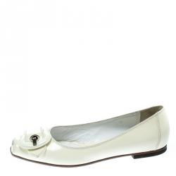 Pre Owned Fendi White Patent Leather Buckle Detail Square Peep Toe Ballet Flats Size 38.5