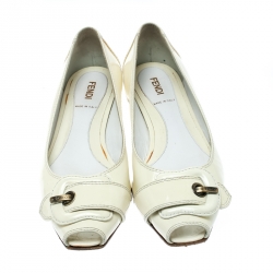 Pre Owned Fendi White Patent Leather Buckle Detail Square Peep Toe Ballet Flats Size 38.5