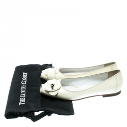 Pre Owned Fendi White Patent Leather Buckle Detail Square Peep Toe Ballet Flats Size 38.5