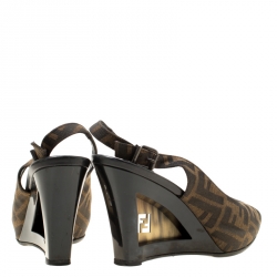 Pre Owned Fendi Brown Zucca Canvas Slingback Wedge Sandals Size 37