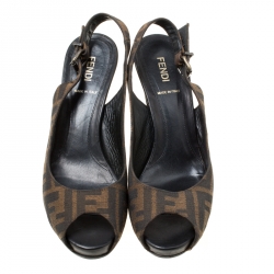 Pre Owned Fendi Brown Zucca Canvas Slingback Wedge Sandals Size 37